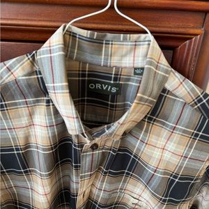 Orvis Signature Twill button-down, long sleeve, black/tan etc. plaid. Size LT.